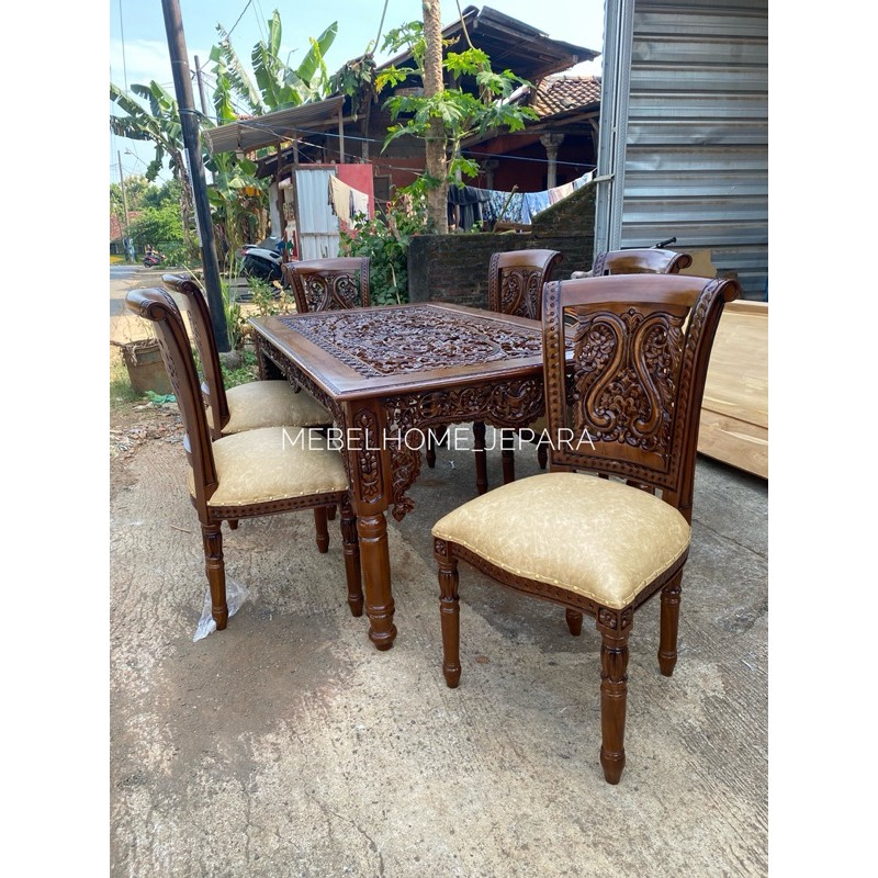 meja makan ukir kayu jati,set meja makan krawang jati,meja makan kayu jati termurah