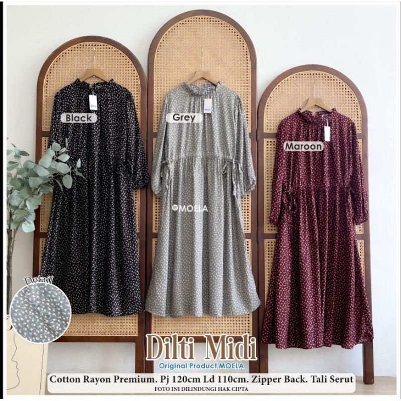 MOELA Dilti midi dress gamis midi super cantik motif polka rayon premium ld 110 pb 120 zipper belaka
