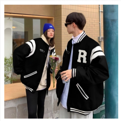 Varsity Big Size ( S - 6XL ) R Logo Jaket Varsity Black White Jacket S M L XL XXL XXXL 4XL 5XL 6XL J