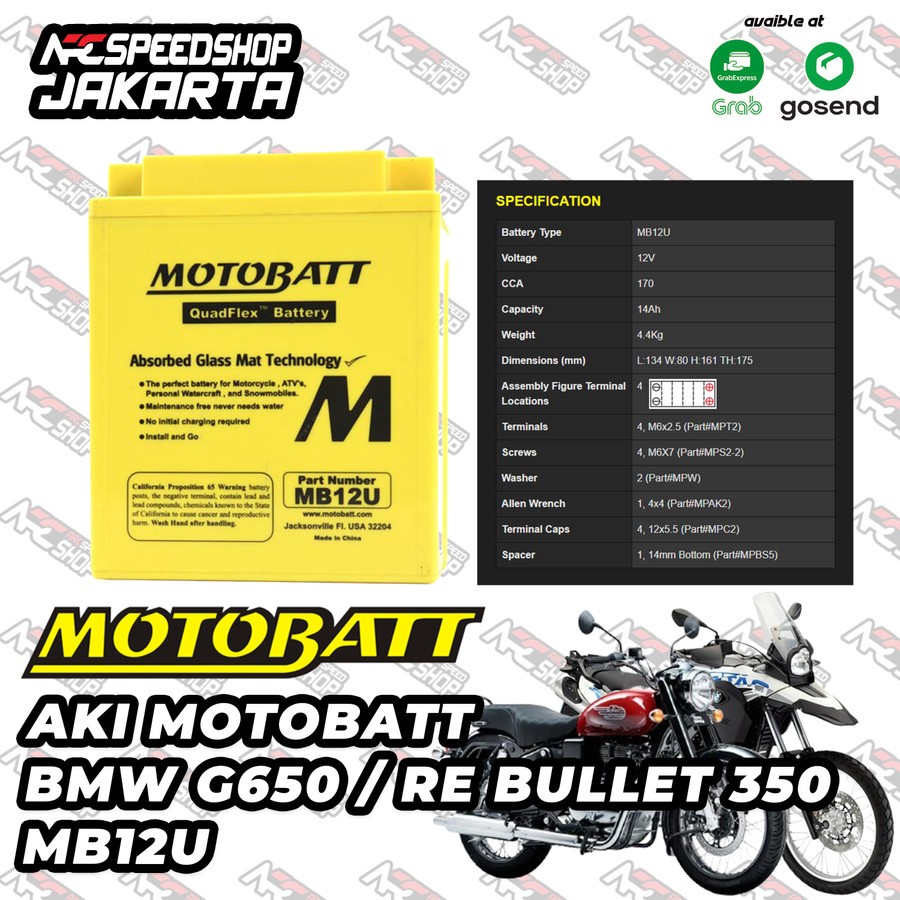 AKI ACCU MOTOBATT QUADFLEX MB12U BMW G 650 GS SERTAO RE Bullet 350 VF 500 XL 600