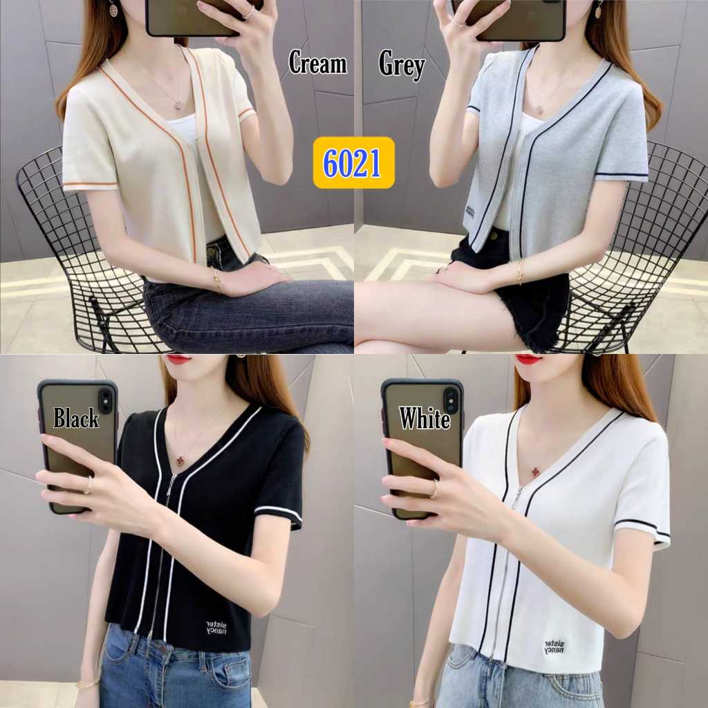 Blouse Pendek Seleting 6021/ Atasan Rajut Korea / Blus Rajut Kekinian / Fashion Atasan Korea Terbaru