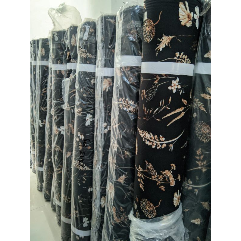 kain bahan katun rayon printing bunga hitam