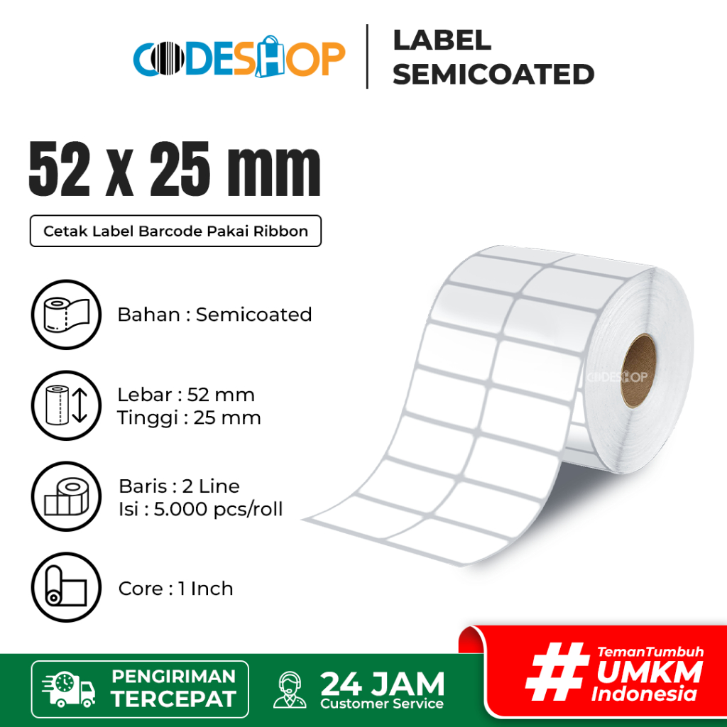 

Codeshop Stiker Label Barcode 52 x 25mm Semicoated 2 line isi 5000 pcs