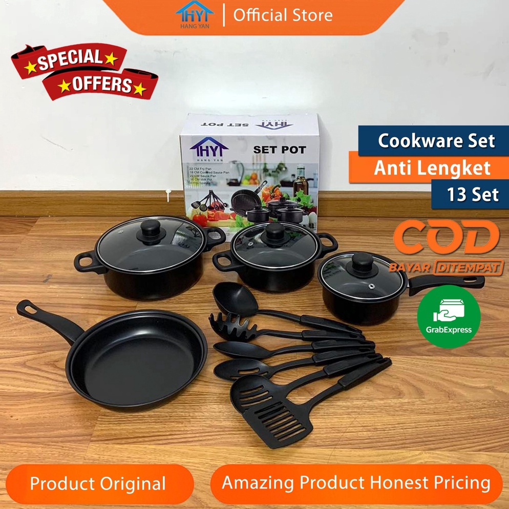 Bagus Dipakai Panci Set Serbaguna Teflon Marble 13 Pcs Cookware Set Tutup Kaca