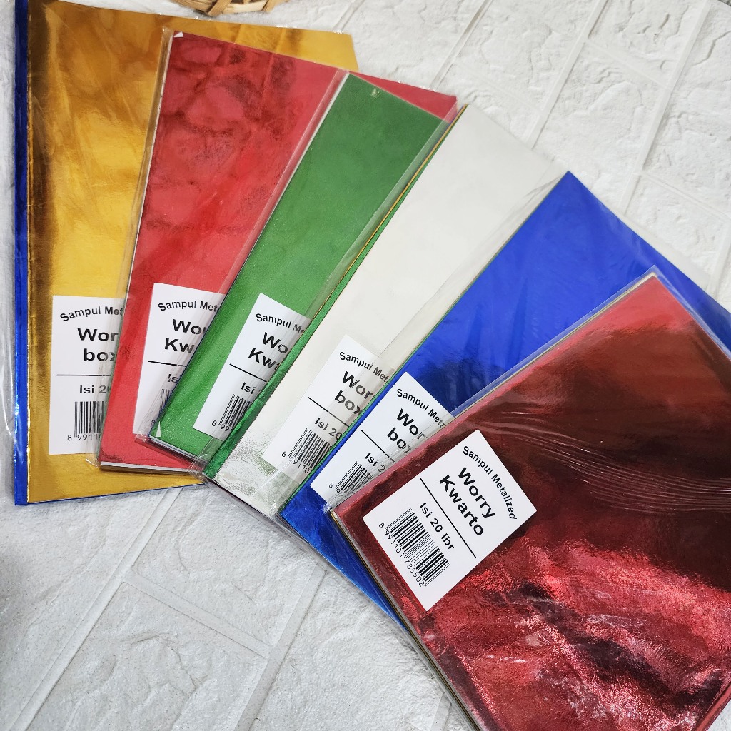 

SAMPUL BUKU METALIZED WORRY BOXY DAN KWARTO ISI 20 LEMBAR /SAMPUL BERWARNA-WARNI MENGKILAP