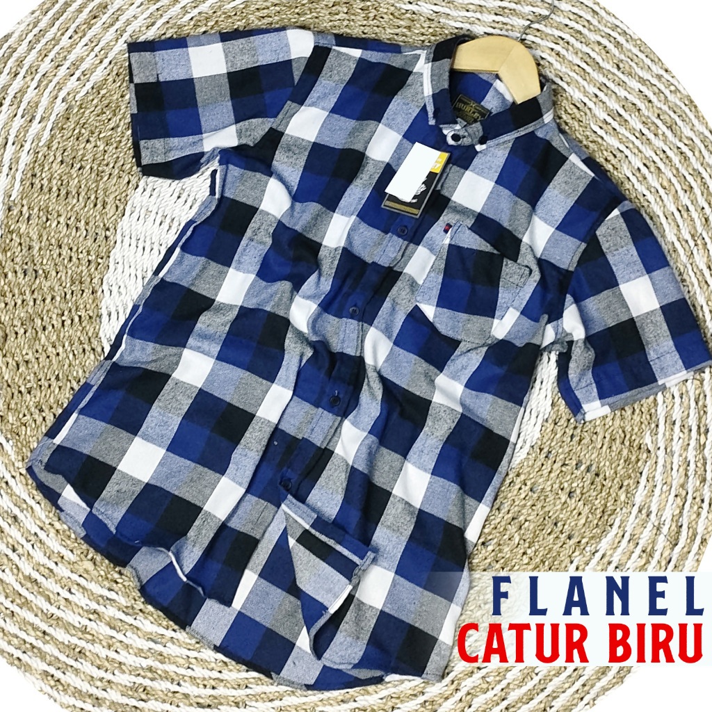 Kemeja Flanel Catur Biru Baju Flanel Pria Lengan Pendek Motif Kotak Kotak Size Besar