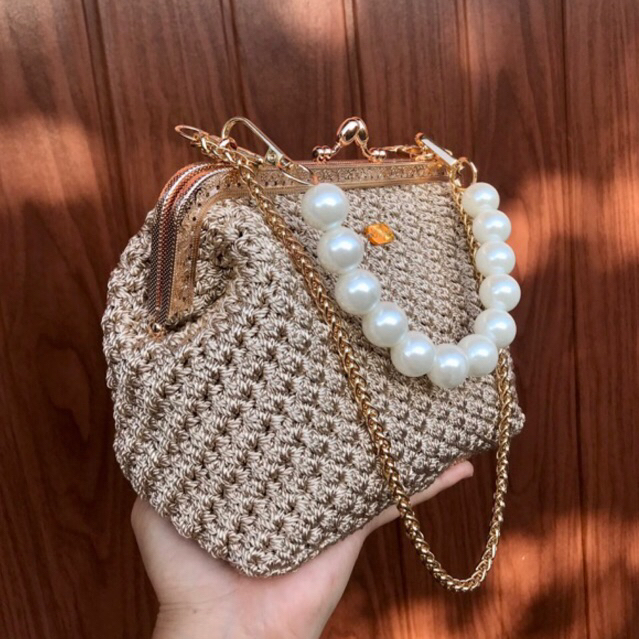 Tas Pesta Rajut Crochet Bag Gold|Tas rajut cantik Tas Kondangan