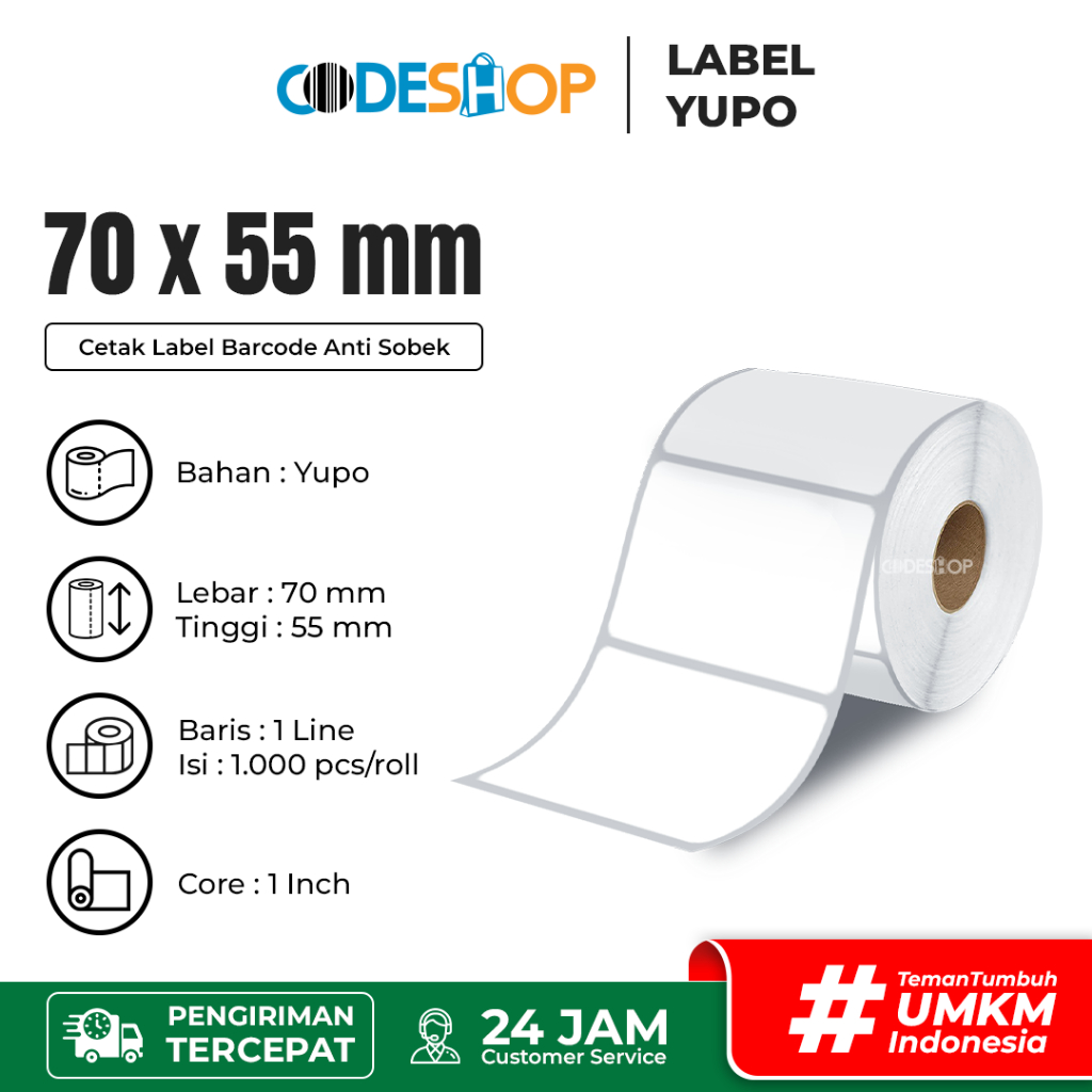 

Stiker Label Yupo 70x55 mm 1 Line isi 1000 Pcs Core 1"Gap Perforasi