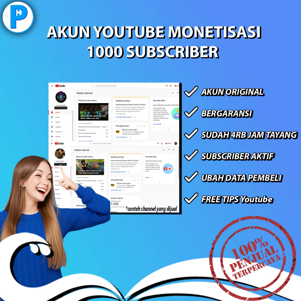 Akun youtube 1000 Subscriber Monet BELUM PIN dan BERGARANSI