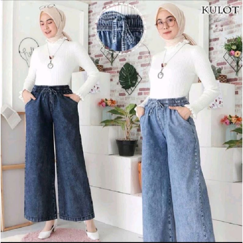 Celana Kulot Jeans Karet Tali Serut | Celana Kulot Jumbo | Kulot Jeans Jumbo