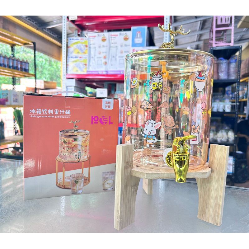 DISPENSER KACA KAKI KAYU AESTETIC POL DISPENSER AIR  DAN JUS MINI IMUT DAN LUCU