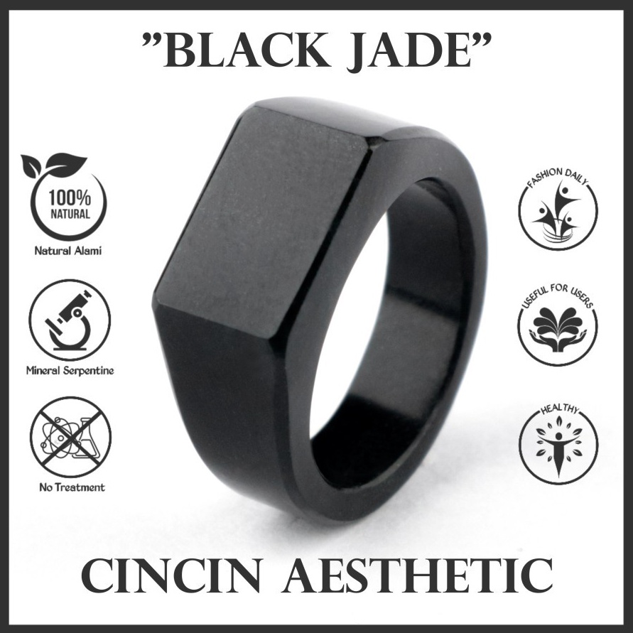 KODE R19X Cincin Pria Hitam Kotak Batu Akik Giok Natural Black Jade Ring Asli