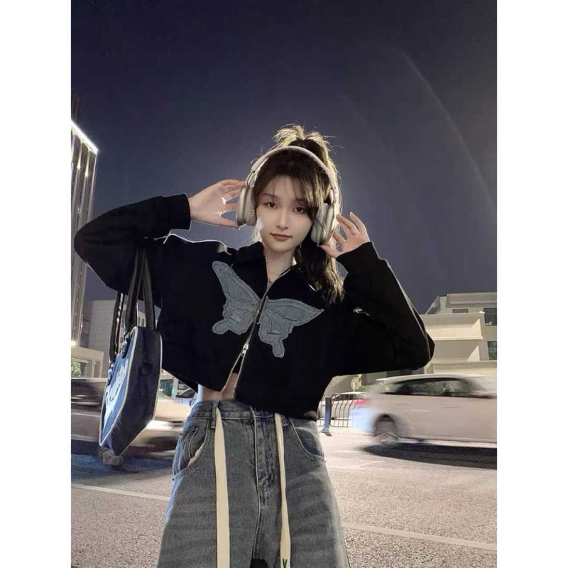 BEBENGKRIBBO - BAJU ATASAN WANITA KIS / Jaket Crop Zipper BUTTERFLY Fleece / ZIPPER CROP REMAJA ALA 