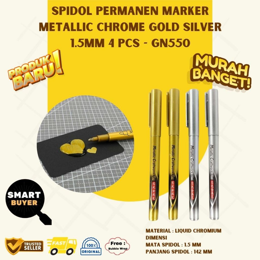 

Spidol Marker Permanen Metallic Chrome Gold Silver 1.5mm 4pcs Murah