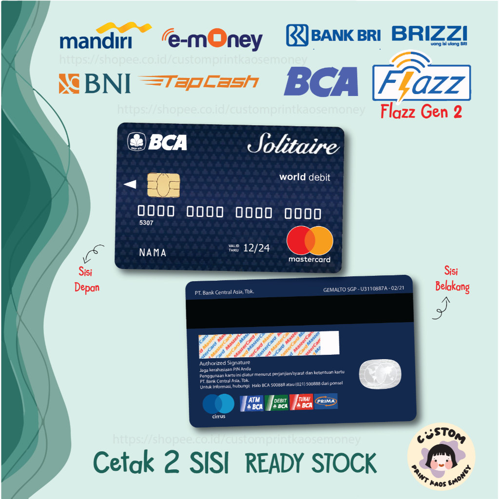 KARTU E MONEY E TOLL KREDIT CARD BCA BLUE SOLITAIRE BIRU MANDIRI TAPCASH BRIZZI FLAZZ GEN 2 - 2 SISI