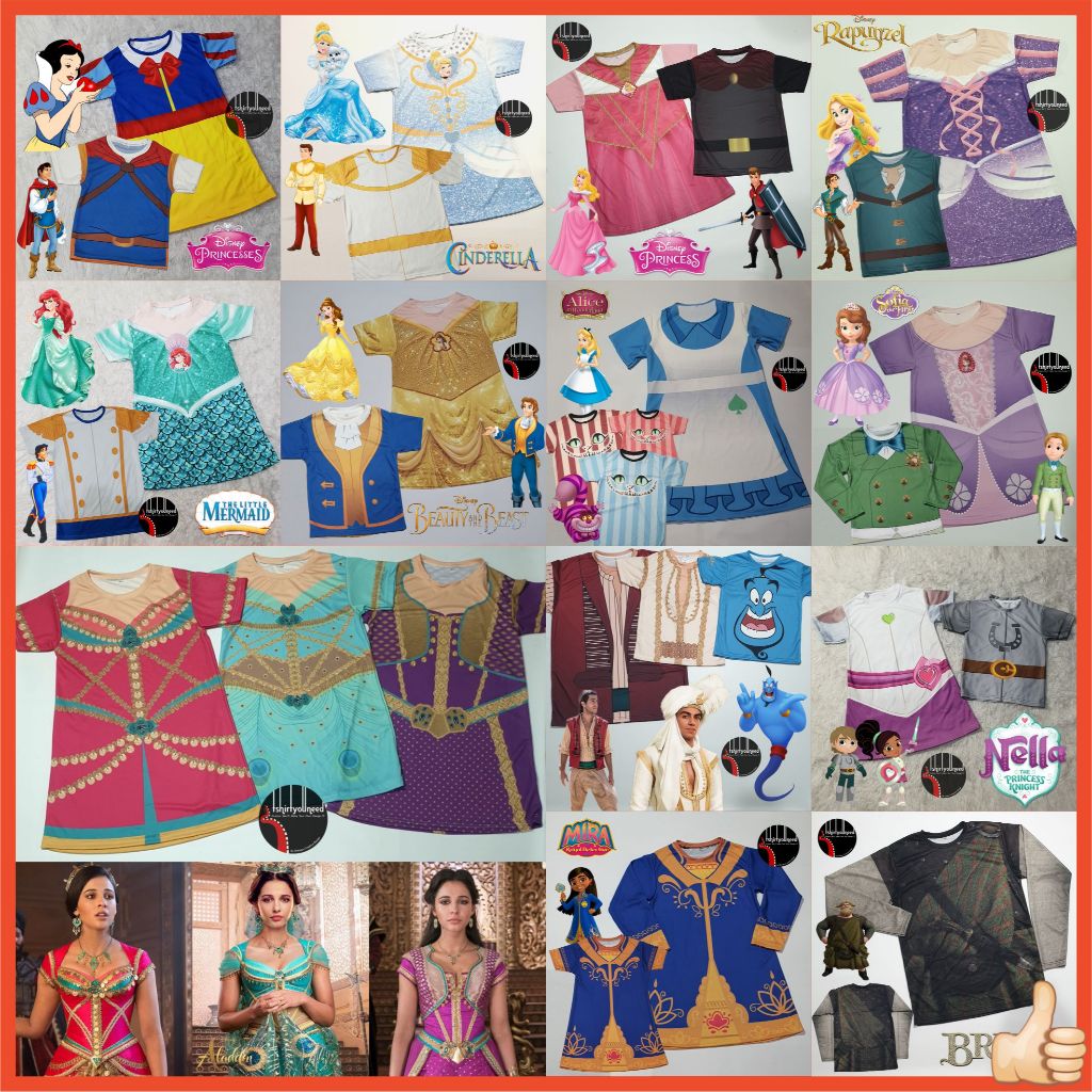Baju FULLPRINT Kaos Dress Kostum Anak Dewasa Prince Princess Snow White Rapunzel Tagled Aurora Ariel