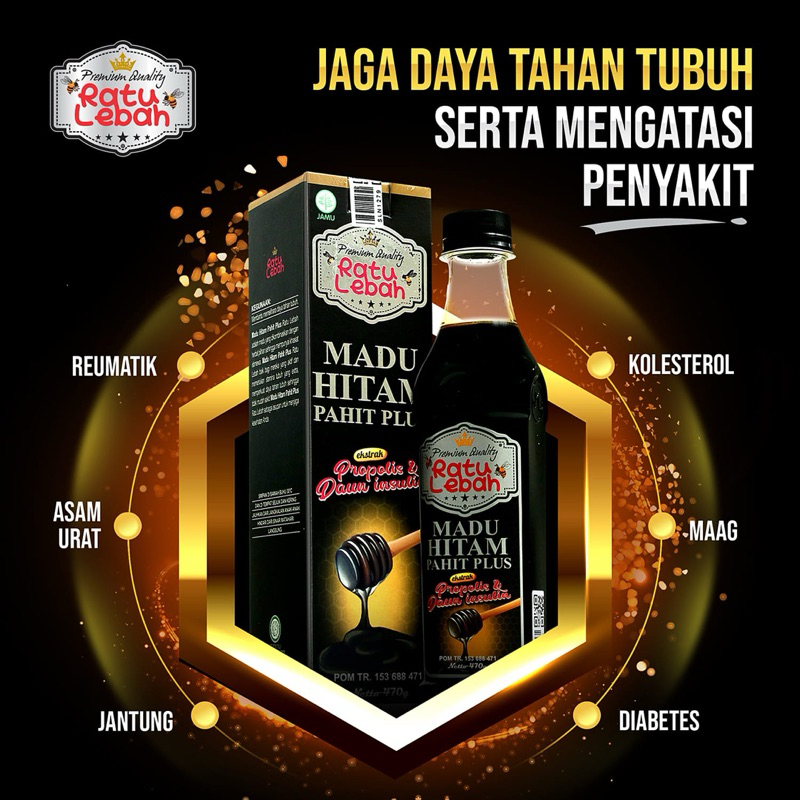 

Madu Ratu Lebah Hitam Pahit Plus Propolis Daun Insulin 470gr asli 100%