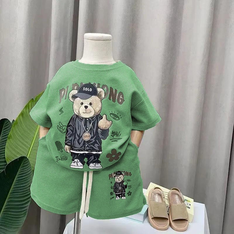 Hallokids-Setelan anak baju anak celana pendek anak usia 1-5 tahun setelan anak wafle bear solo baju