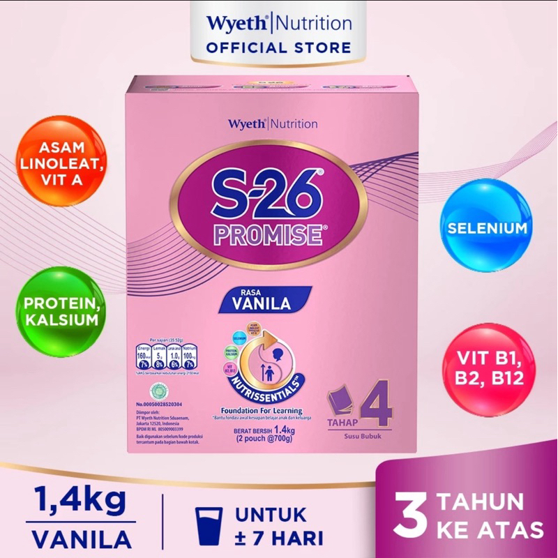 S-26 S26 Promise Tahap 4 Susu Pertumbuhan Anak 3-12 Tahun Vanila 1,4 kg