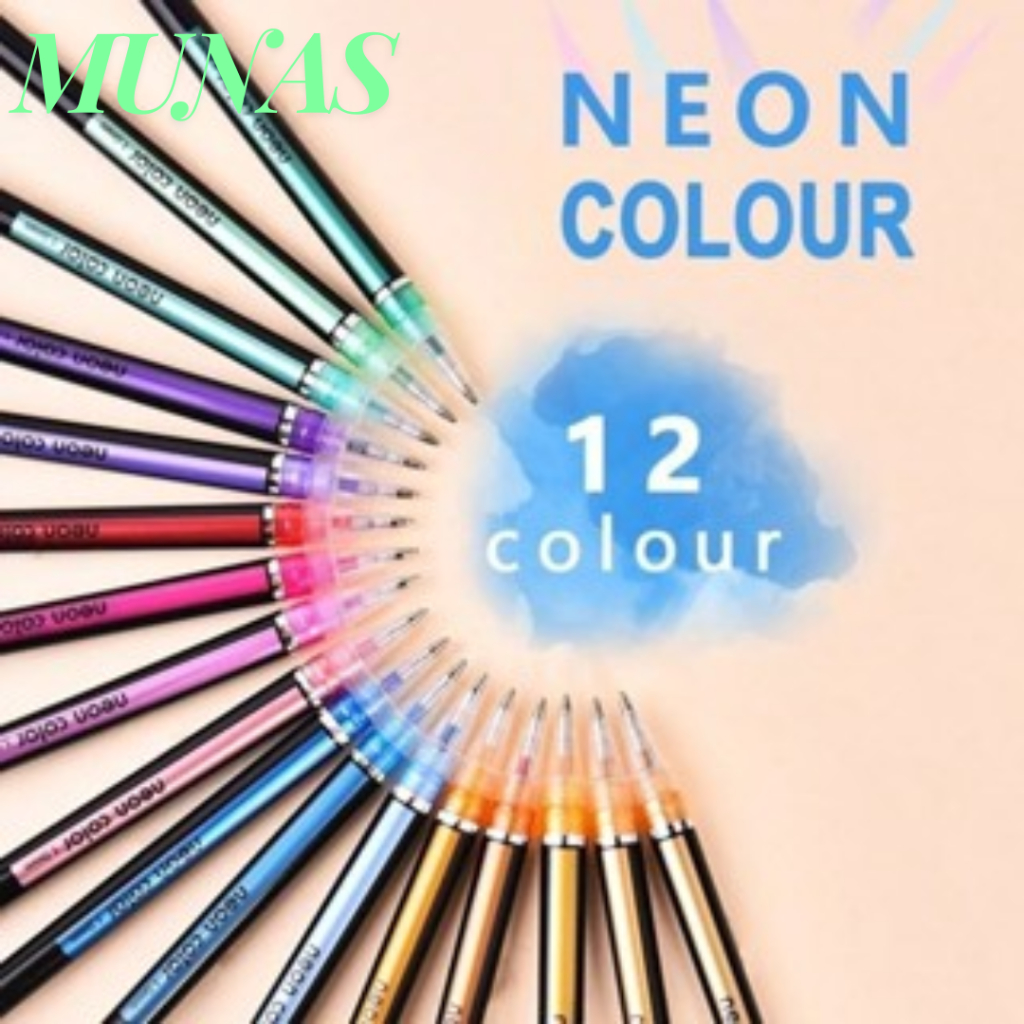 

MUNAS Pena Glitter Metalik 1.0mm Isi 12pcs Pulpen Warna Warni Tinta Pastel Neon Color Pen Pastel Ballpoint Craftwork Scrapbook Gel Ink Highlighter Penanda Buku Warna Warni Ujung Lembut