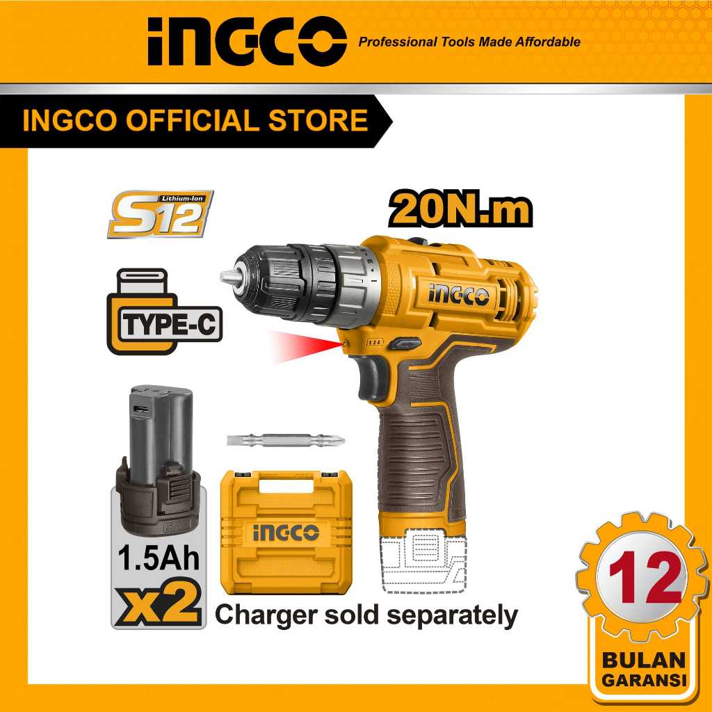 (INGCO) - Mesin Bor Baterai 12V Type C + 2 Baterai INGCO CDLI12202