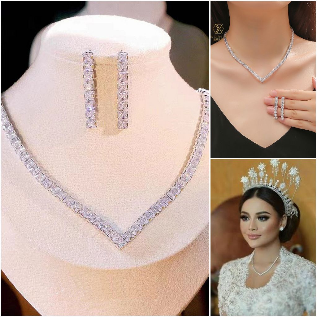Set Perhiasan Kalung dan Anting Kristal Zircon Aksesoris Pengantin Aurel NK0466