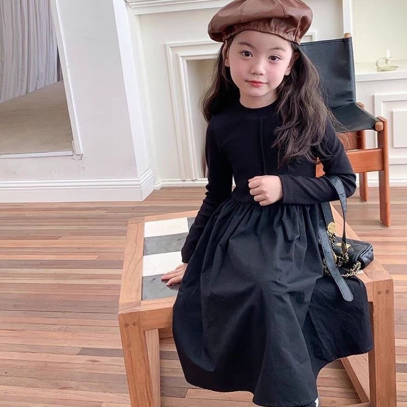 dress anak katun kaos hitam pink panjang anak import perempuan