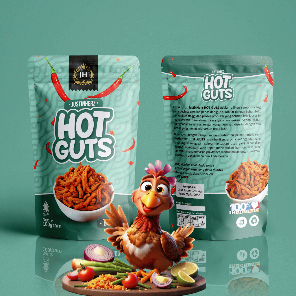 

..:: PROMO LAUNCH ::.. JustinHerz HOT GUTS - Keripik Usus Pedas Rasa ONION CHICKEN - Kripik Usus Krispi Pedas Daun Jeruk