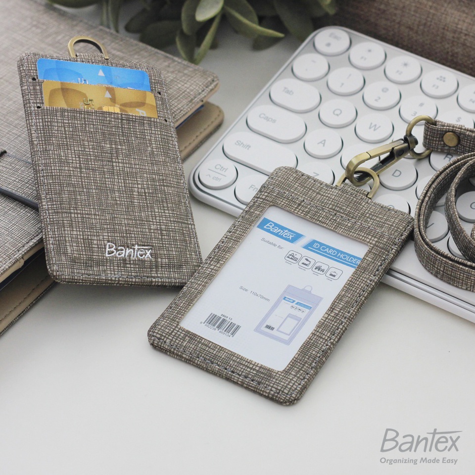 

KODE J98L Bantex Leather Name Tag ID Card Holder Beige 8869 13 Kulit Sintetis Lanyard Tali