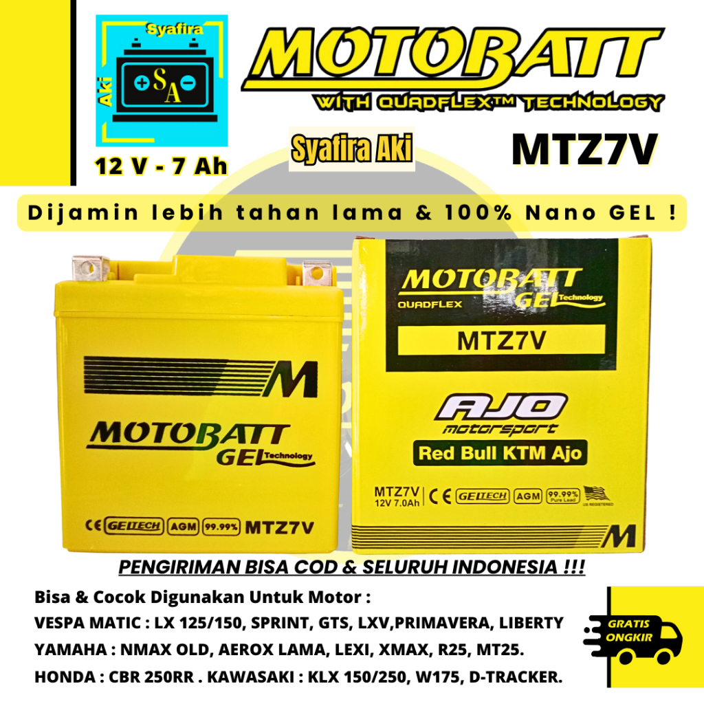 AKI MOTOR R25, CBR250R, VESPA S150, VESPA LIBERTY, LXV 125, GTS 150 MOTOBATT MTZ7V GEL