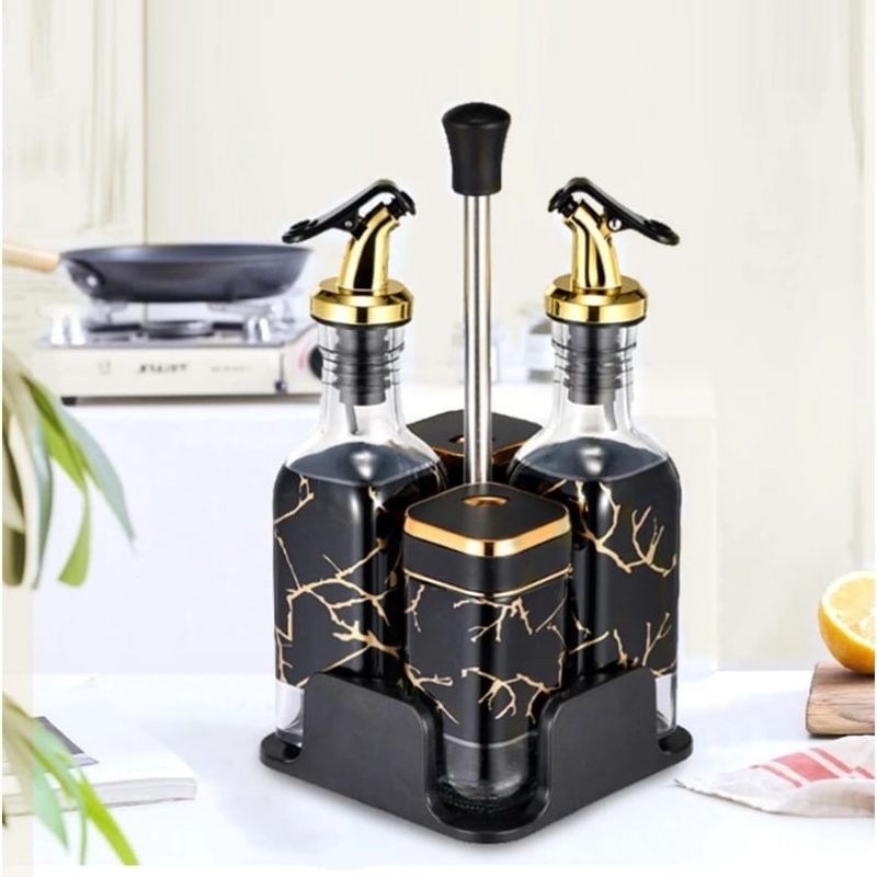 Tempat Botol Bumbu Minyak 4in1 / Condiment Set 4in1 Dengan Rak Tempat Bumbu Dapur Wadah Bumbu Kaca T