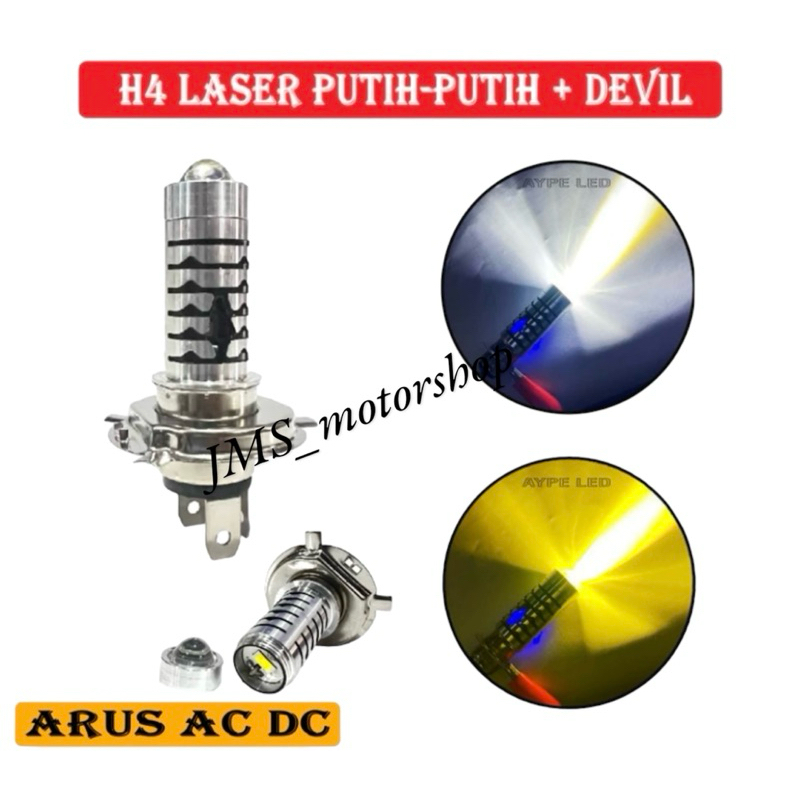 PROMO LAMPU LED UTAMA MOTOR H4 LASER HI / LOO + DEVIL BIRU AC DC | LED H4 MOTOR UNIVERSAL | BOHLAM L