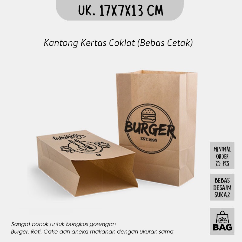 

(+CETAK) Kantong Kertas Coklat 17x7x13 CM / Kantong Kertas Bungkus Makanan, Gorengan, Burger, Cake Bebas Cetak / Kantong Kertas Coklat Dicetak Custom