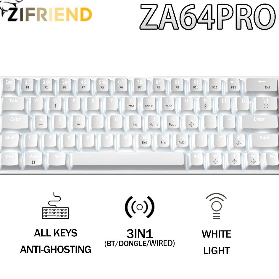 Bayar Di Tempat ZIFRIEND ZA64PRO Mechanical Keyboard Wireless Gaming Keyboard 3PIN Hot Swappable Whi