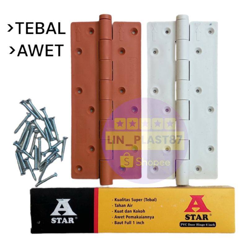 ENGSEL A-STAR PLASTIK PVC | UK PANJANG 6"INCH | ENGSEL PINTU KAMAR MANDI TEBAL