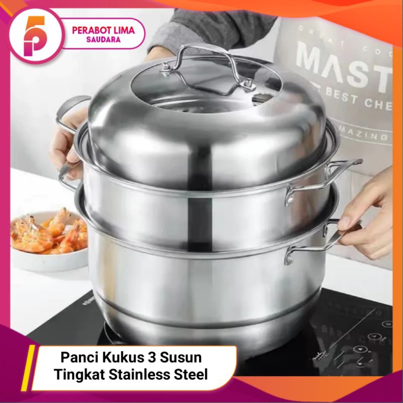 Panci Kukus 3 Susun Tingkat Stainless Steel/ Steamer Pot Pengukus Multifungsi/ Panci Kukus 3 Susun