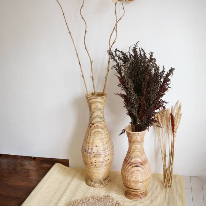 Vas Rotan Natural Fishing Melamin Mengkilap / Guci Rattan Dekorasi Studio Foto / Pot Hiasan Sudut Ru
