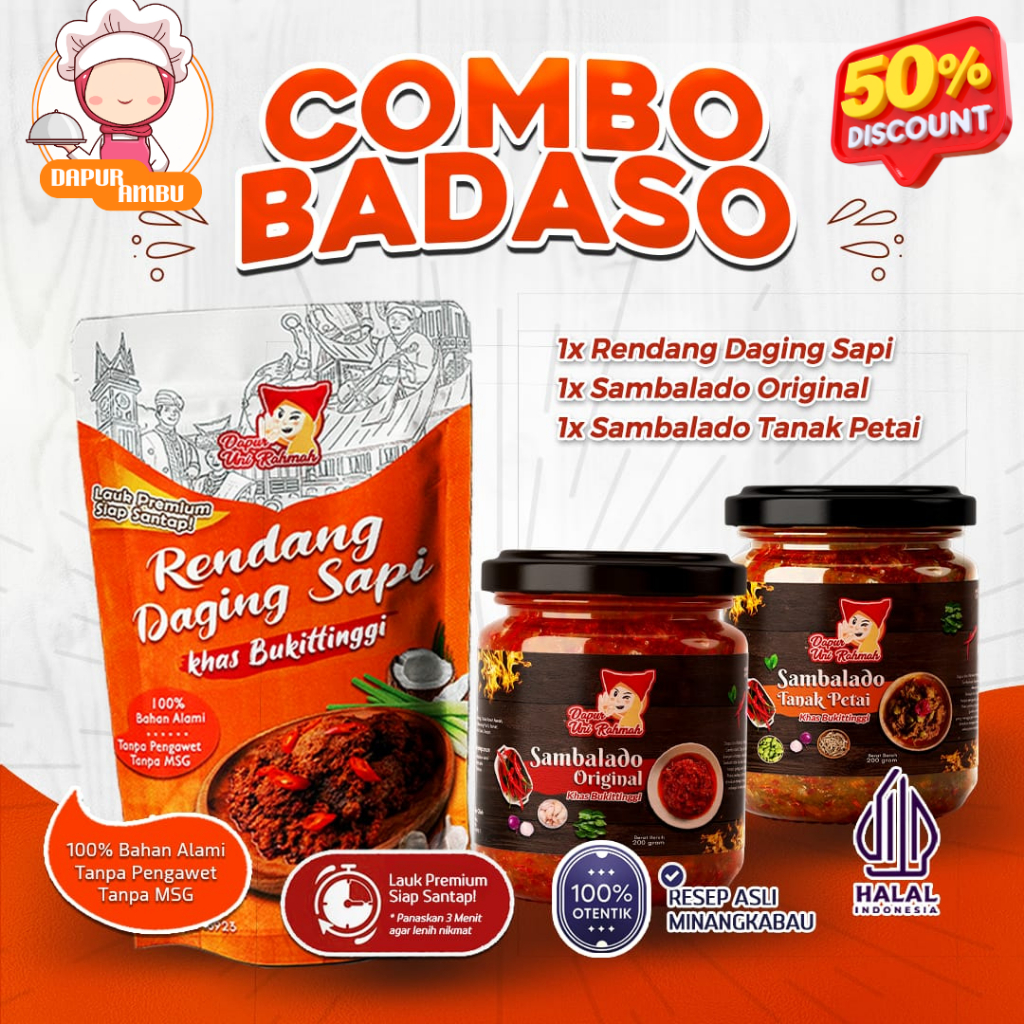 

[Combo Badaso] 1 pack Daging Sapi Asli Khas Bukittinggi 1 sambalado ori dan 1 tanak petai | Rendang Daging Sapi Asli Padang Kemasan Siap Saji | PAKET HEMAT Rendang sapi foodenna dapat 1 pcs @200 gr dan sambalado ori 1 + sambalado tanak petai 1 | Rendang D