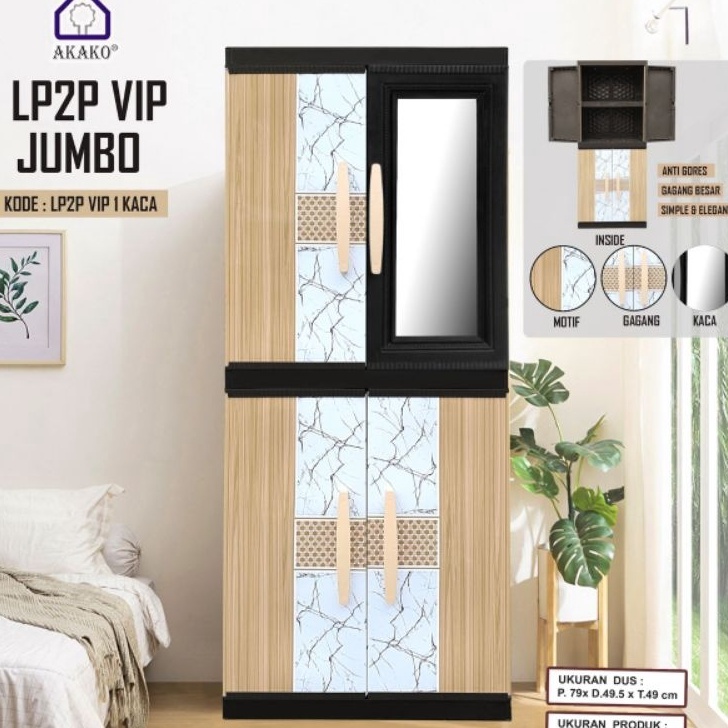DISKON FULL GARANSI  AKAKO  LEMARI PAKAIAN GANTUNG  RAK  KACA MINIMALIS AKAKO VIP 2 PINTU  Almari  L