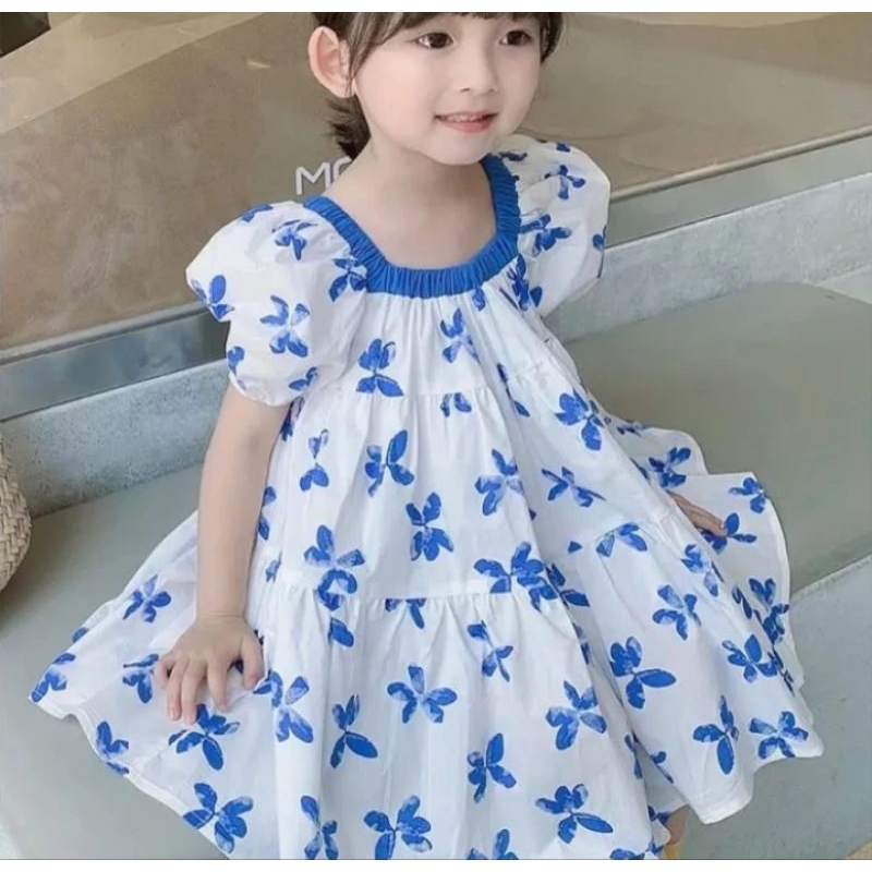 Flower blue summer dress// dress anak import// dress anak korea