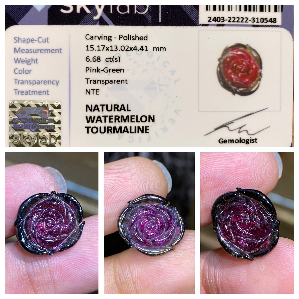 Natural 6.68ct watermelon tourmaline rose carving