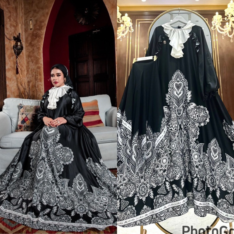 DRESS SET HIJAB BATIK HITAM REMPEL PUTIH SHELLASAUKIA