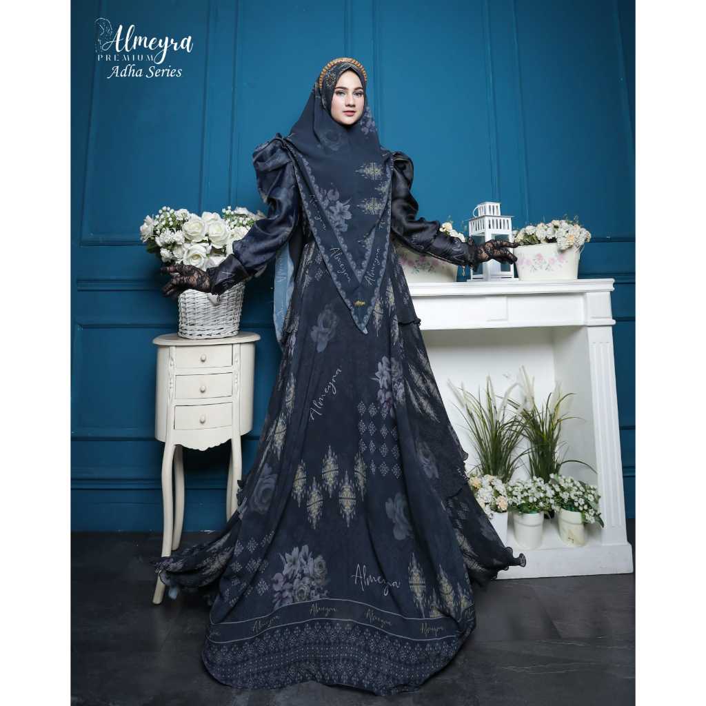 Adha Series By Almeyra Premium Setelan Gamis Syari Set Khimar Ceruty Digital Printing
