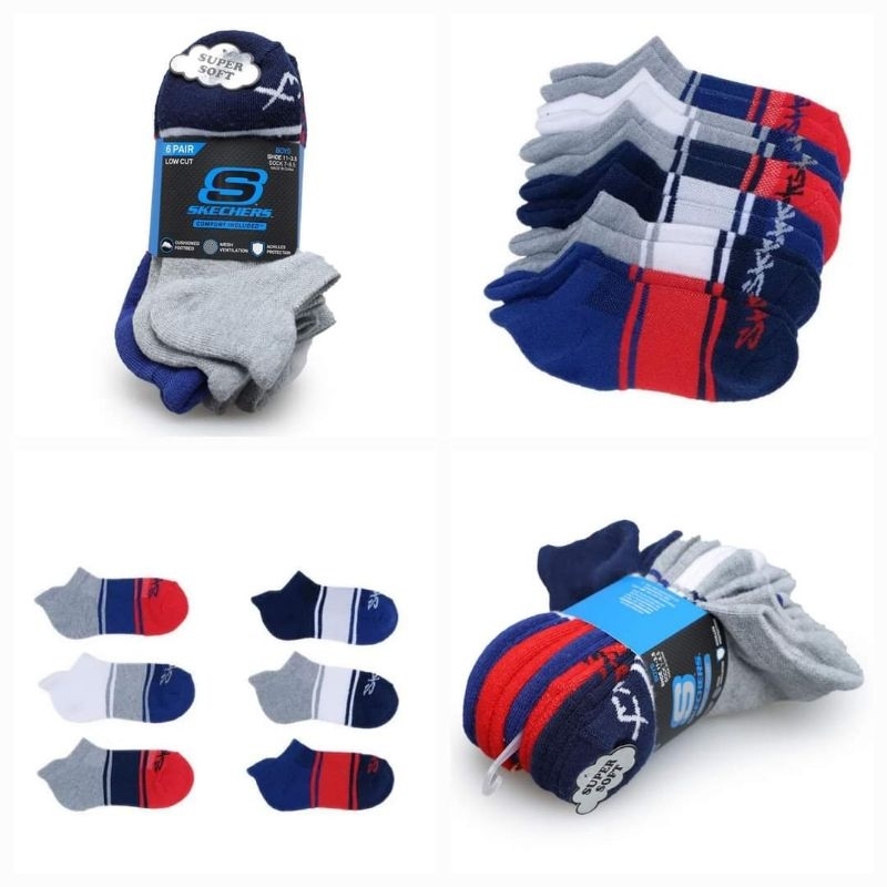 Saleee 100% Original Skechers Kids 6Pk Boys 1/2 Terry Low Cut W/ Heel Tab Red / Navy1 pack isi 6 pas