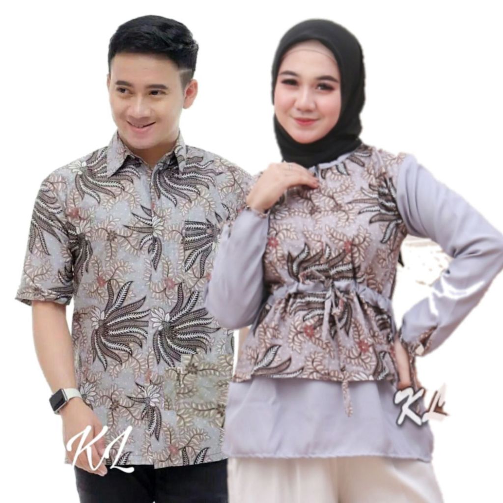 Fairyrozi Batik Couple Medusa Putih Blouse Modern Wanita & Kemeja Pria Lengan Pendek Bahan Premium