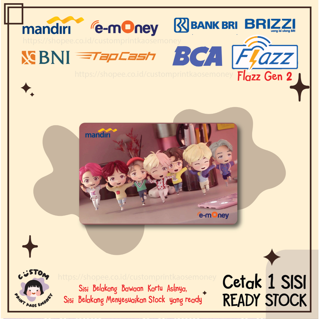 KARTU EMONEY ETOLL DESIGN KPOP TINY TAN JK RM V JHOPE CUTE BTS ARMY E MONEY ETOLL MANDIRI FLAZZ BCA 