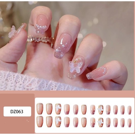 Kuku palsu isi 12 pcs motif kupu soft pink glitter + lem + dus