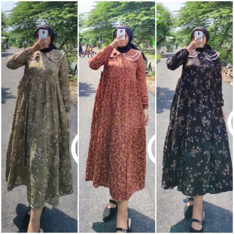 MIDI DRESS BUNGA BUNGA KECIL BY REVAN JAYA/ MIDI DRESS KERAH RENDA/ DRESS MIDI HIJAB LENGAN PANJANG/