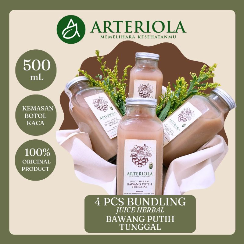 

Arteriola_paket bundling 4_500ml_Jus Bawang Putih Tunggal_JaheMerah_Lemon_Cuka Apel_MaduHutan_Herbal