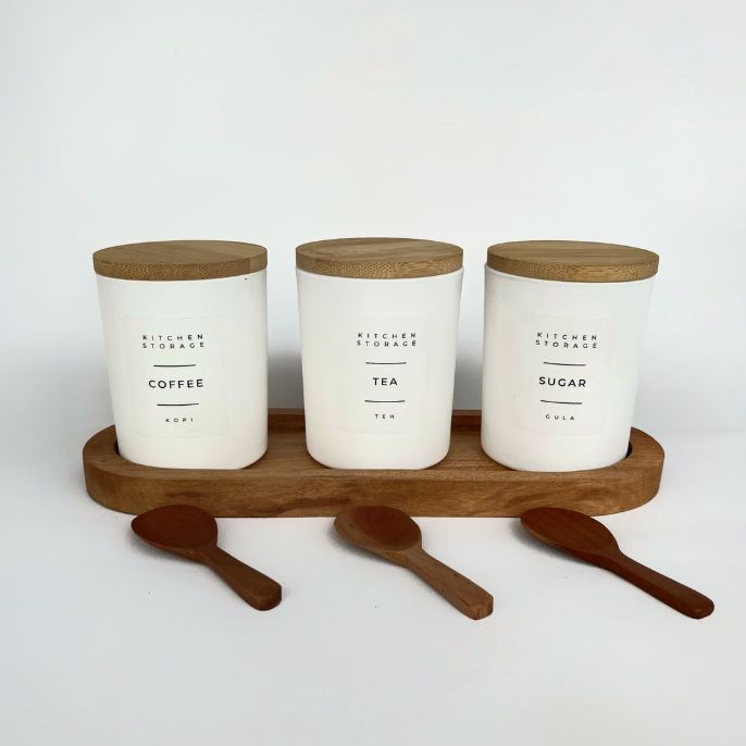 Set isi 3 Tatakan dan Tempat Bumbu Keramik tutup kayu FREE sendok kecil